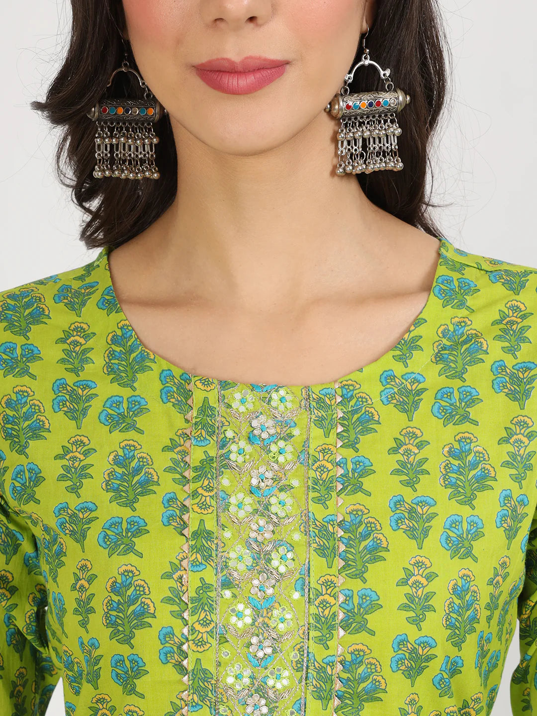 Cotton Green Ethnic Print Straight Kurta Set