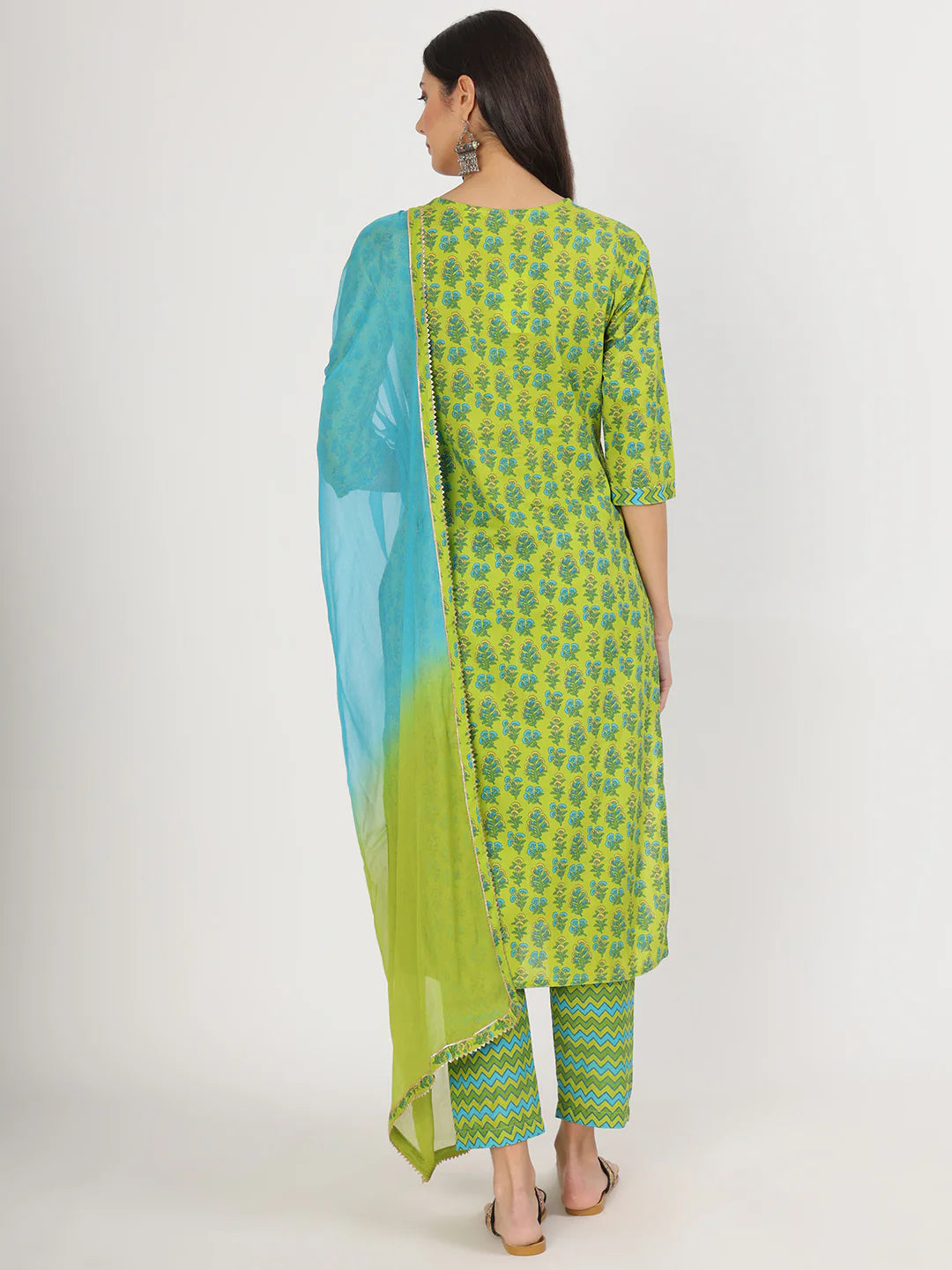 Cotton Green Ethnic Print Straight Kurta Set