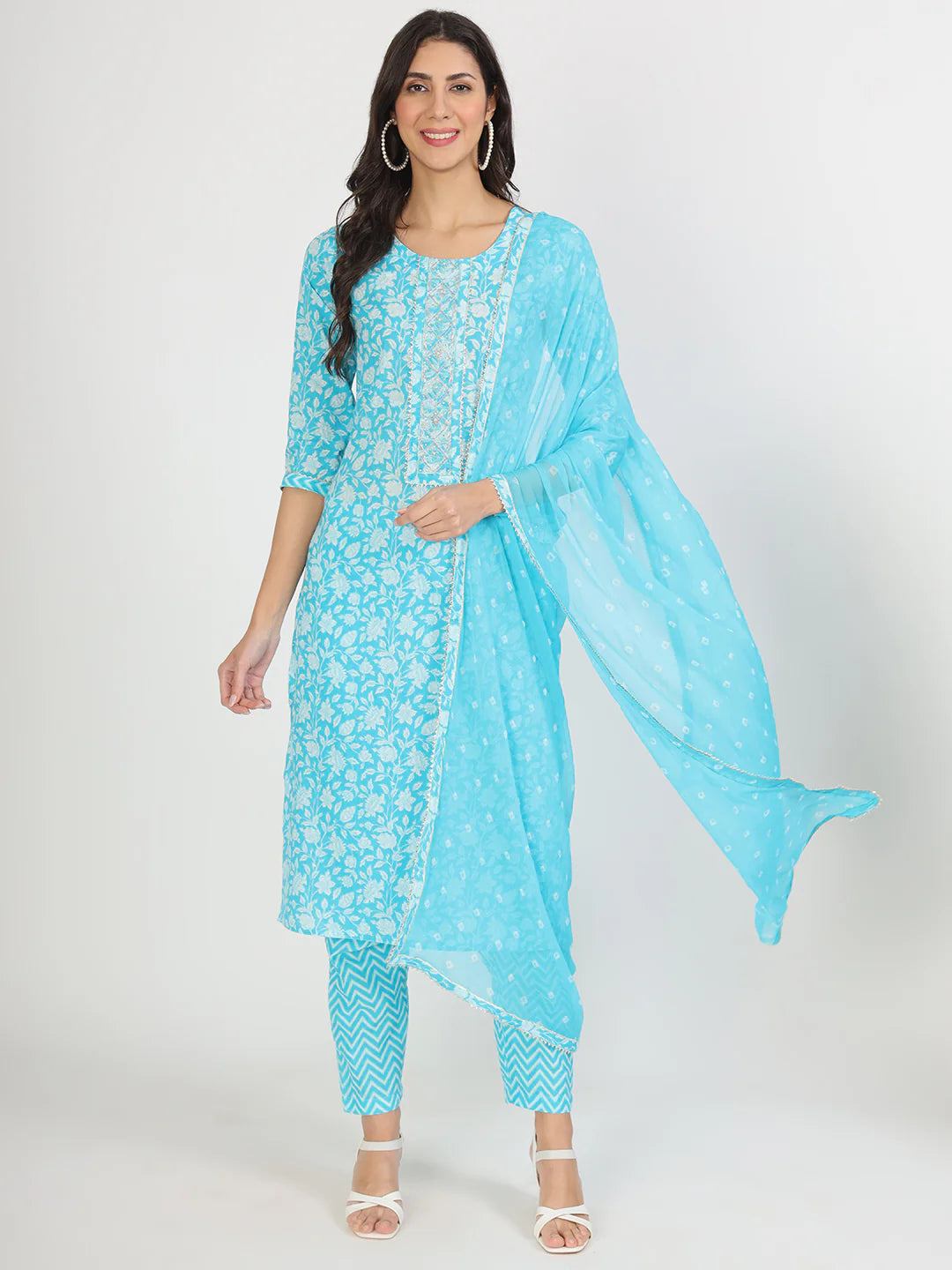 Turquoise Blue Cotton Floral Print Ethnic Kurta Set
