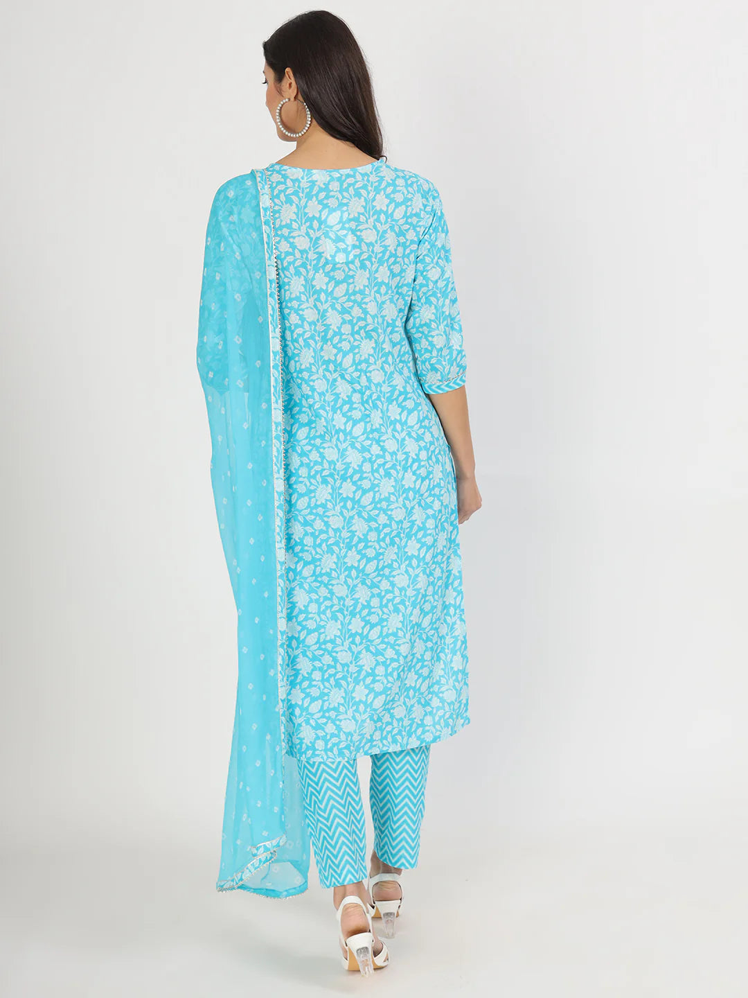 Turquoise Blue Cotton Floral Print Ethnic Kurta Set