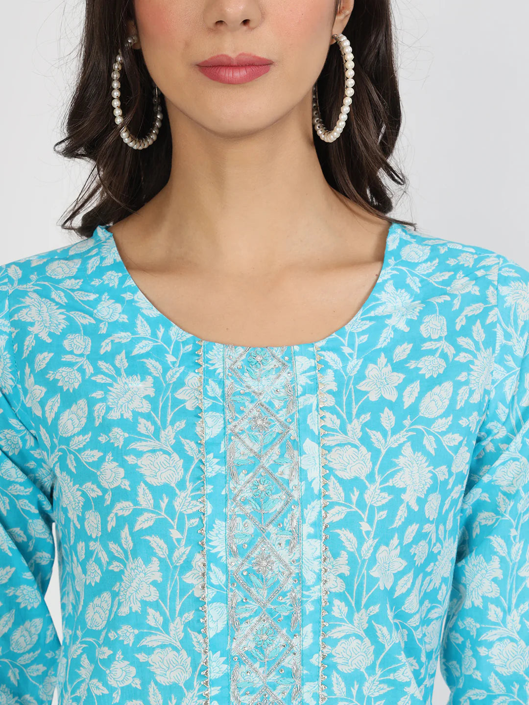 Turquoise Blue Cotton Floral Print Ethnic Kurta Set