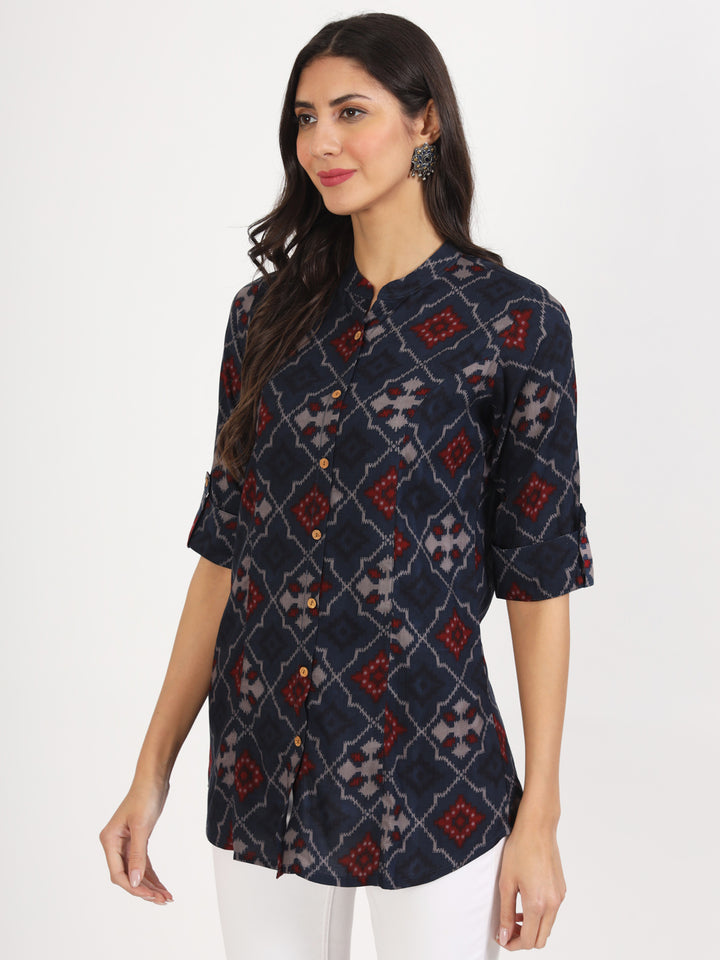 Blue Geometric Printed Rayon Top