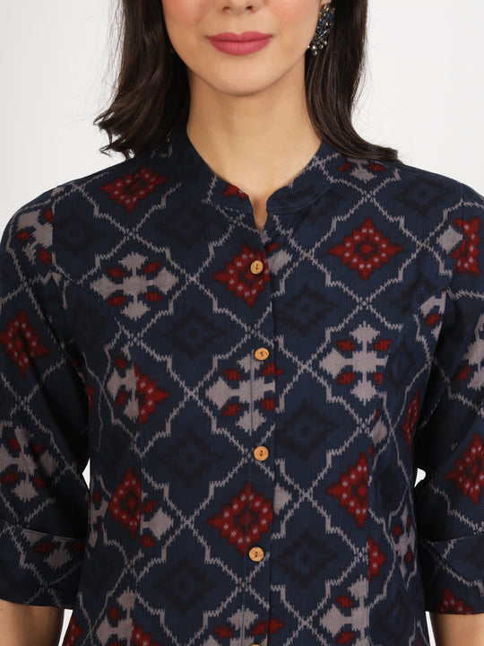 Blue Geometric Printed Rayon Top