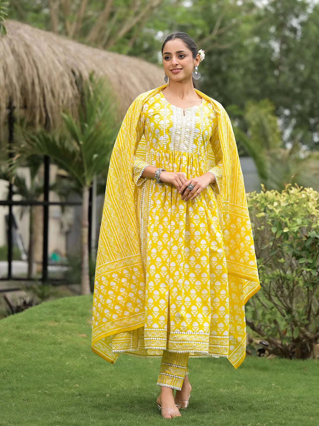Yellow Cotton Floral Print Nyra Cut Ethnic Kurta Sets