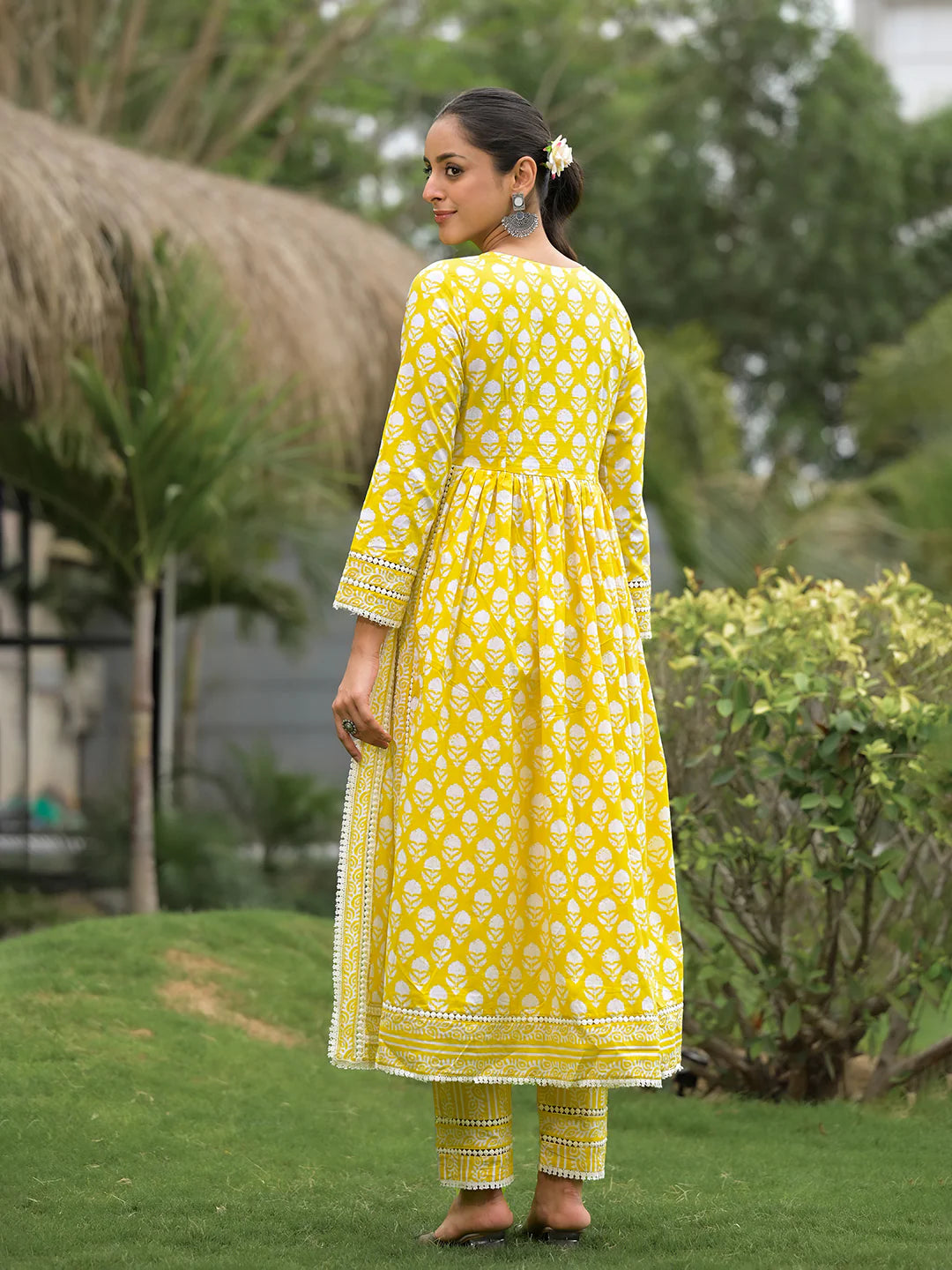 Yellow Cotton Floral Print Nyra Cut Ethnic Kurta Sets