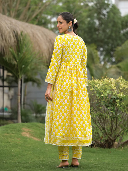 Yellow Cotton Floral Print Nyra Cut Ethnic Kurta Sets
