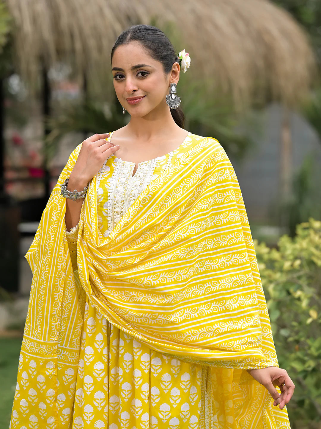 Yellow Cotton Floral Print Nyra Cut Ethnic Kurta Sets