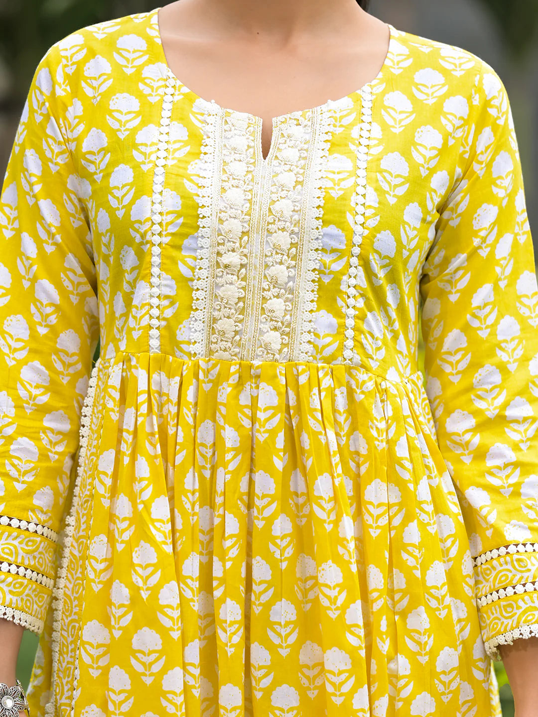 Yellow Cotton Floral Print Nyra Cut Ethnic Kurta Sets