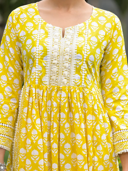 Yellow Cotton Floral Print Nyra Cut Ethnic Kurta Sets
