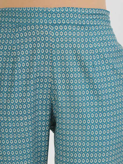 Teal Green Cotton Floral Print Nyra Cut Kurta Set