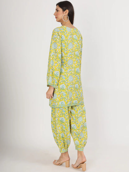 Rayon & Velvet Mustard Floral Print Co-ord Set