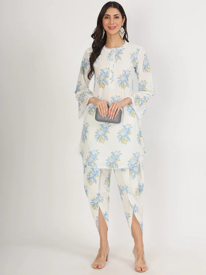 Off White Cotton Floral Print Dhoti Pant Co-ord Set