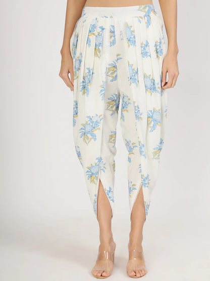 Off White Cotton Floral Print Dhoti Pant Co-ord Set