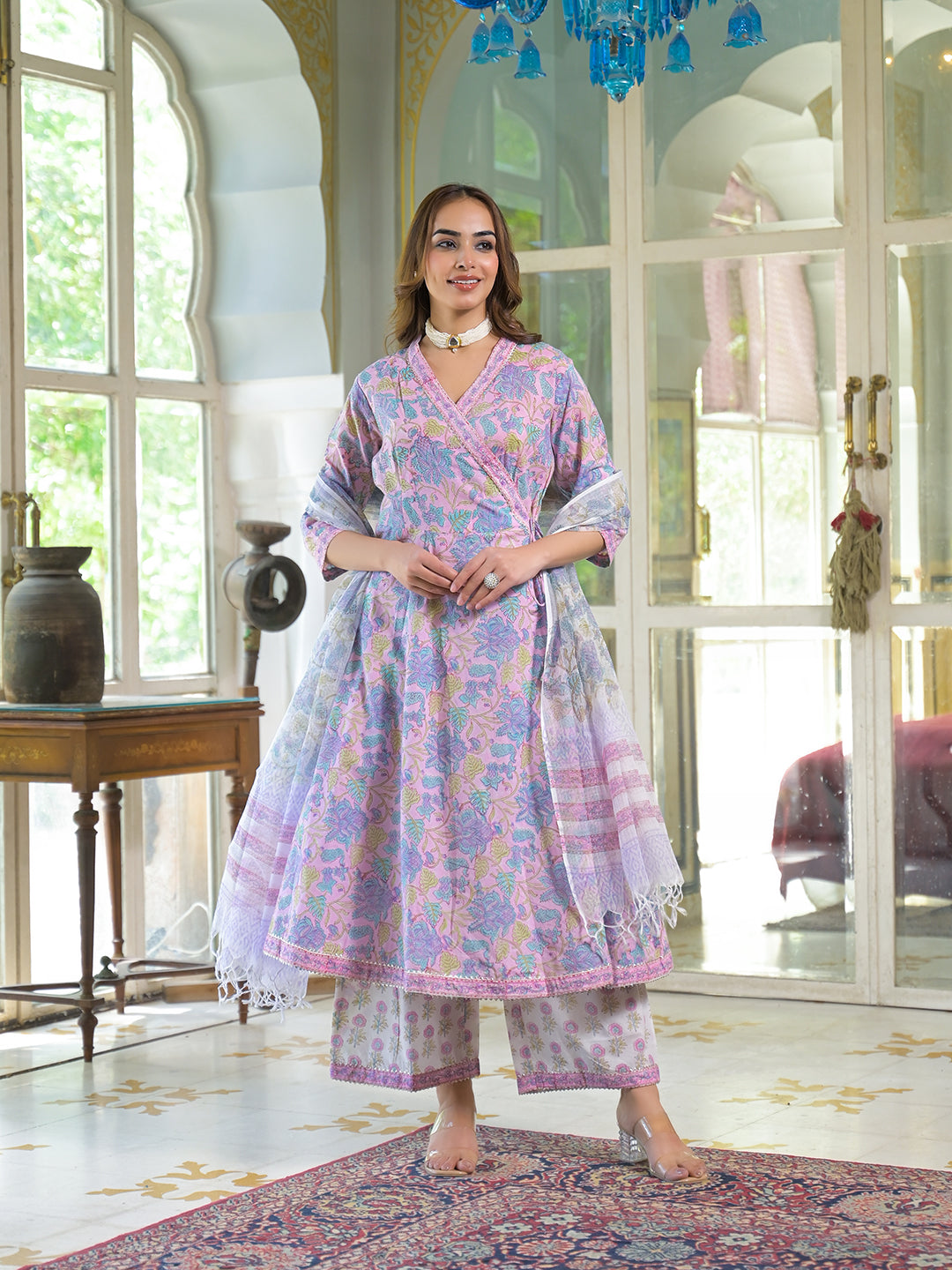 Pink Cotton Block Print Angarakha Kurta Pant with Dupatta