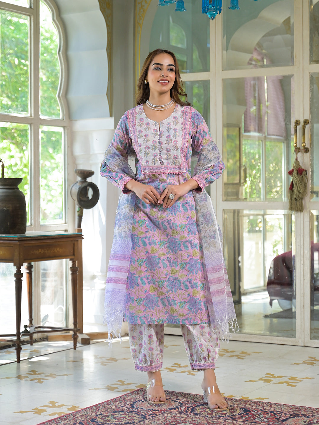 Pink Cotton Block Print Straight Kurta Pant With Dupatta