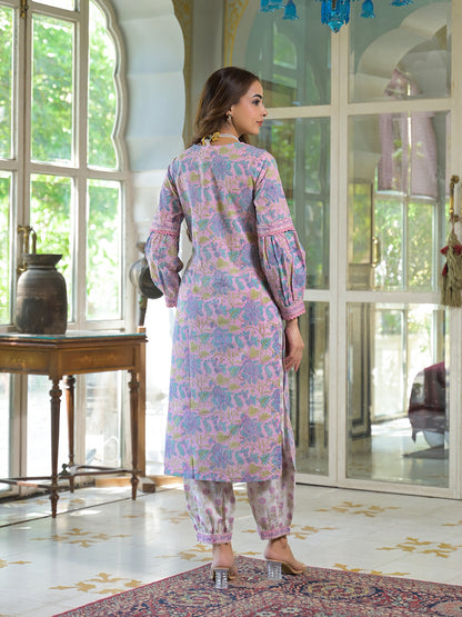 Pink Cotton Block Print Straight Kurta Pant With Dupatta