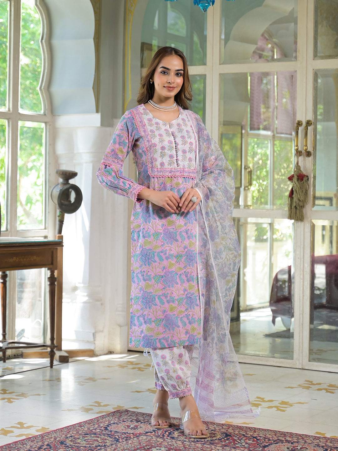 Pink Cotton Block Print Straight Kurta Pant With Dupatta