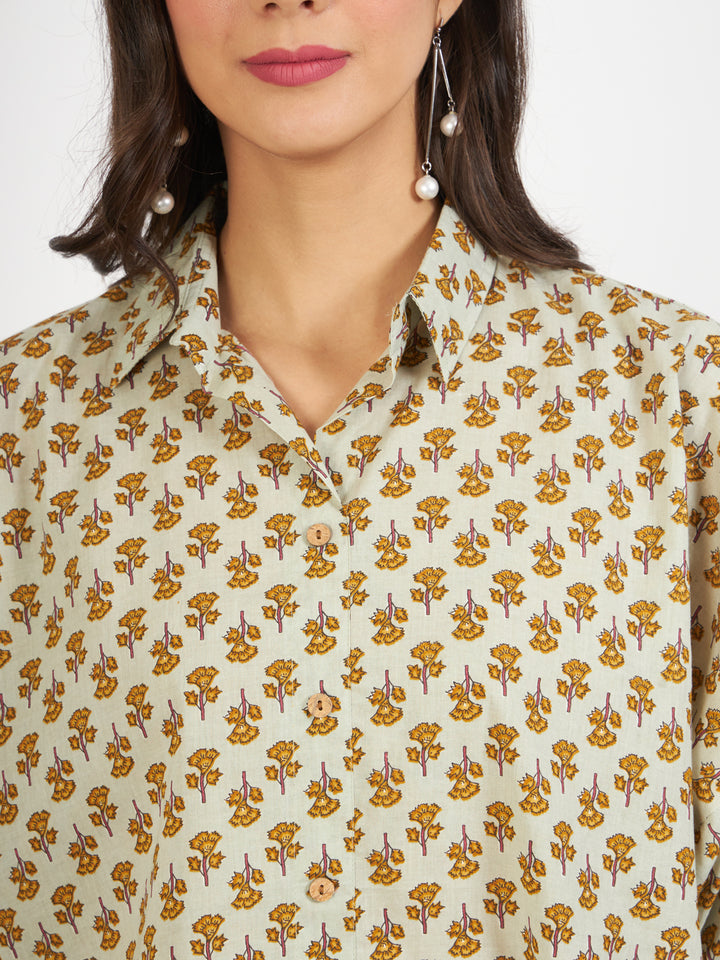 Ethnic Green Floral Printed Cotton Tops For Women