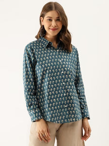 Turquoise Blue Ethnic Motif Printed Casual Full Sleeves Shirts