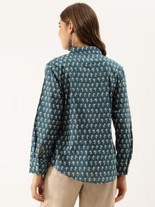 Turquoise Blue Ethnic Motif Printed Casual Full Sleeves Shirts