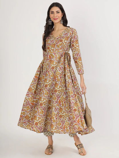 Green Cotton Floral Printed Angrakha Kurta Pants set