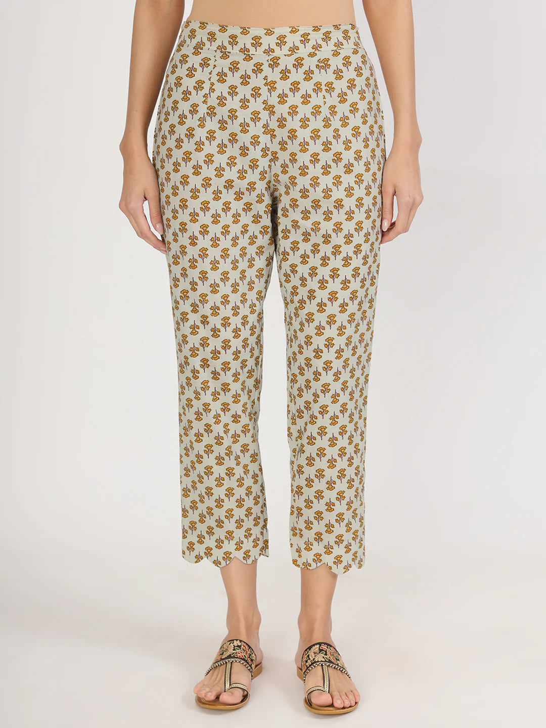 Green Cotton Floral Printed Angrakha Kurta Pants set