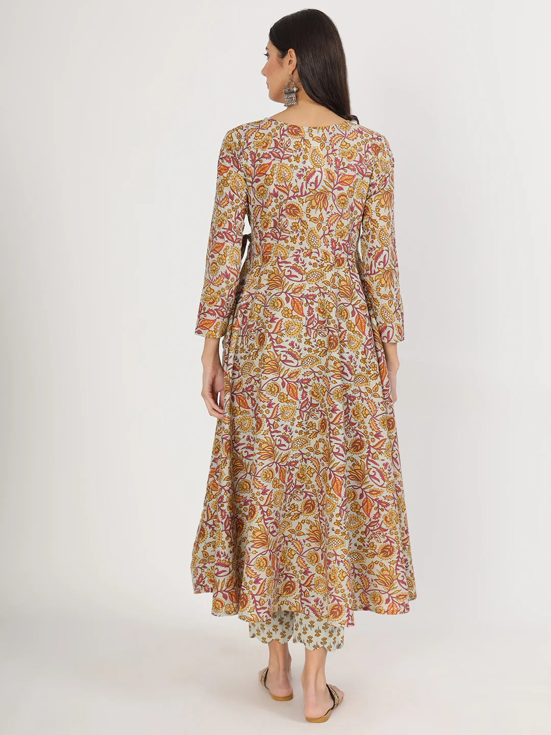 Green Cotton Floral Printed Angrakha Kurta Pants set