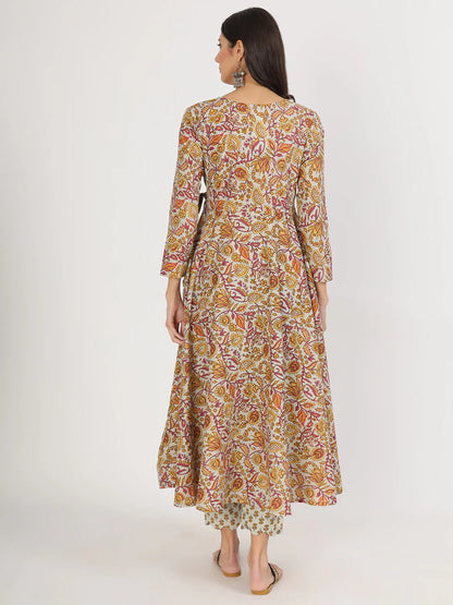 Green Cotton Floral Printed Angrakha Kurta Pants set