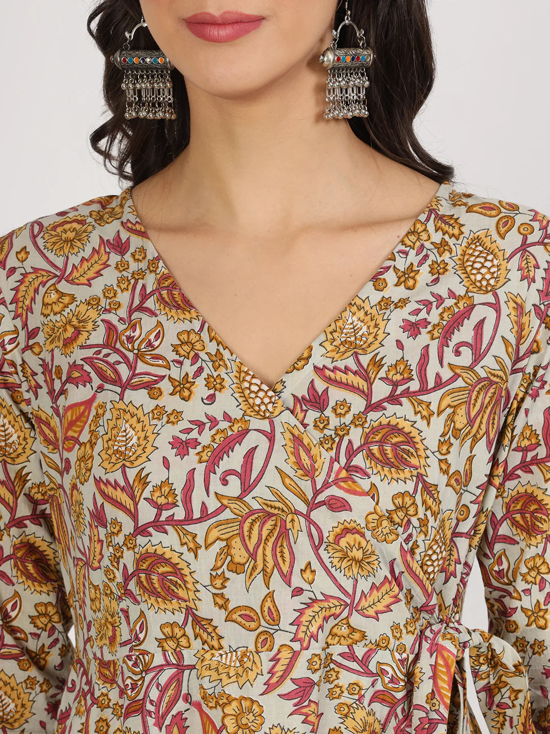 Green Cotton Floral Printed Angrakha Kurta Pants set