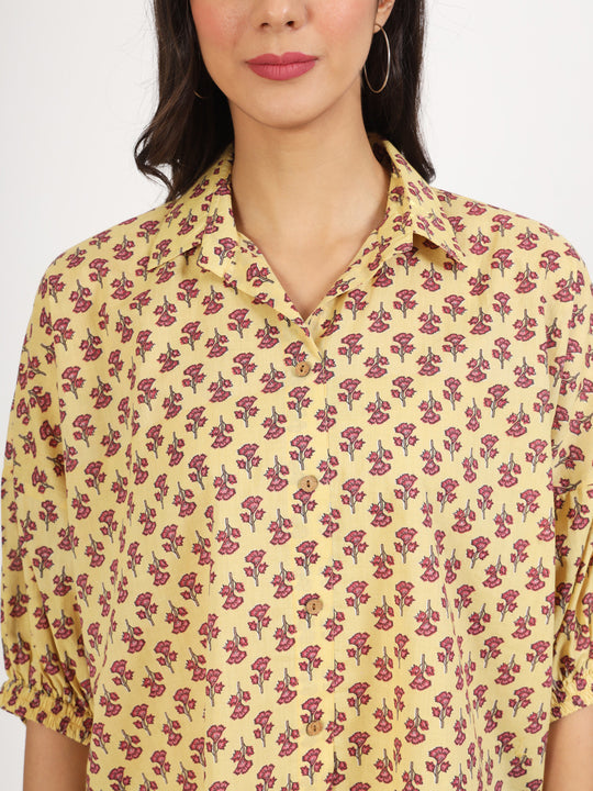 Beige Floral Printed Cotton Tops