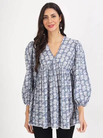 Ethnic Grey White Floral Printed Cotton Top For Women