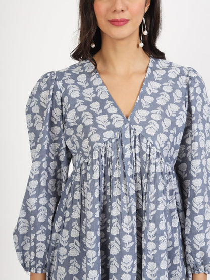 Ethnic Grey White Floral Printed Cotton Top For Women