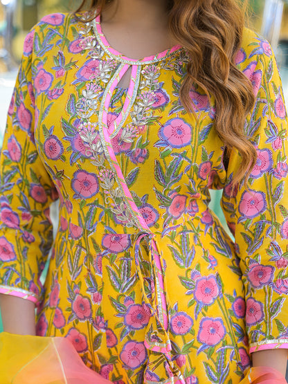 Yellow Floral Printed Muslin Kurta Pant with Dupatta
