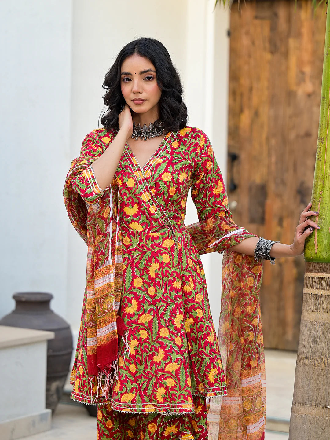 Maroon Floral Print Cotton Angarkha Ethnic Kurta Gharara Set