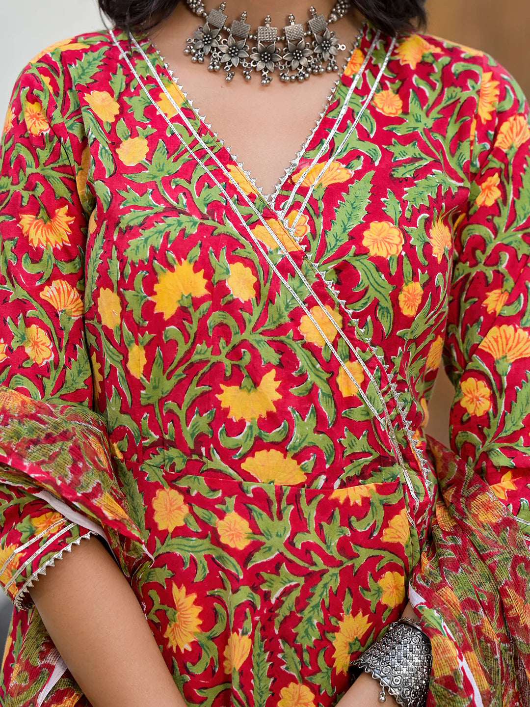 Maroon Floral Print Cotton Angarkha Ethnic Kurta Gharara Set