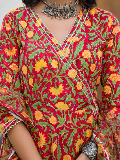 Maroon Floral Print Cotton Angarkha Ethnic Kurta Gharara Set