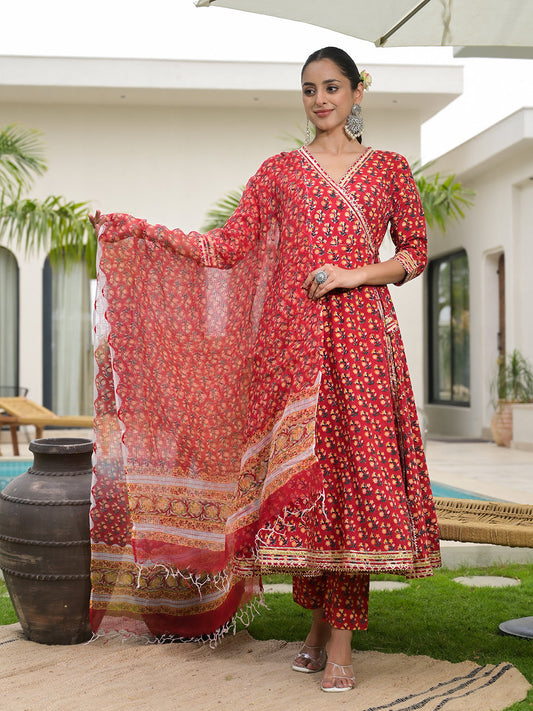 Red Floral Printed Cotton Anarkali Kurta Sets