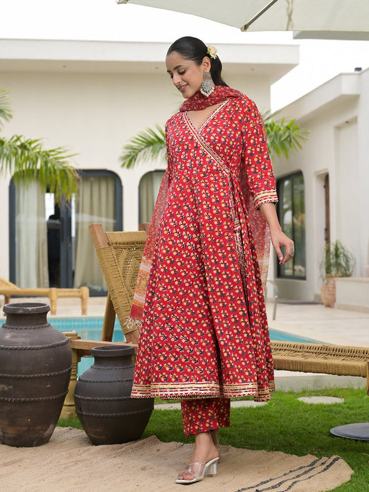 Red Floral Printed Cotton Anarkali Kurta Sets