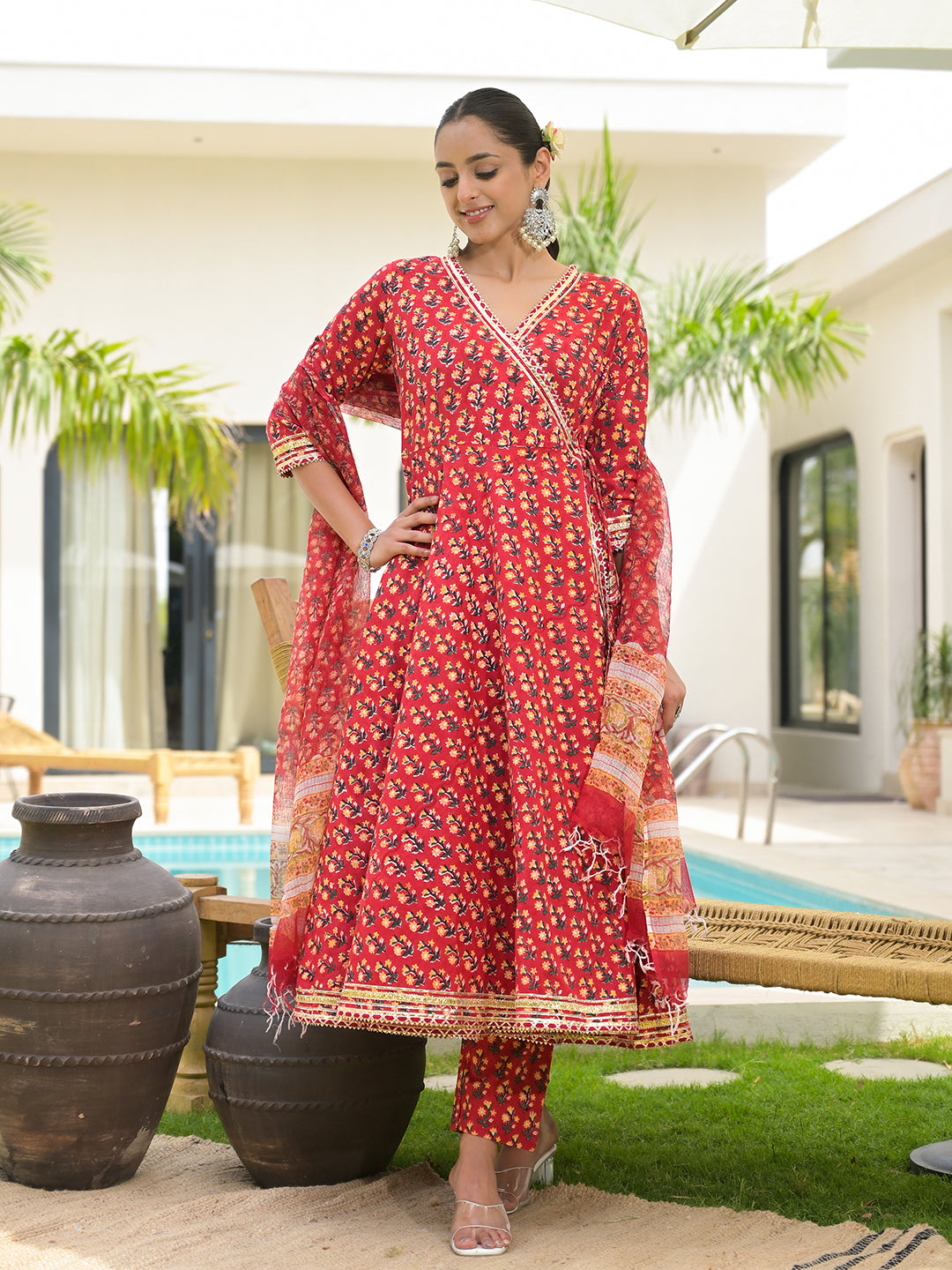 Red Floral Printed Cotton Anarkali Kurta Sets