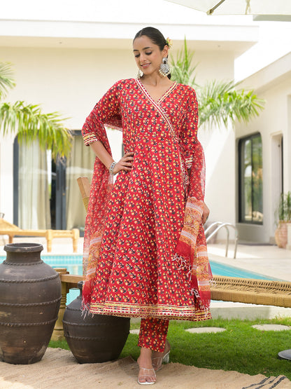 Red Floral Printed Cotton Anarkali Kurta Sets