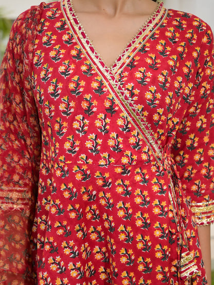 Red Floral Printed Cotton Anarkali Kurta Sets