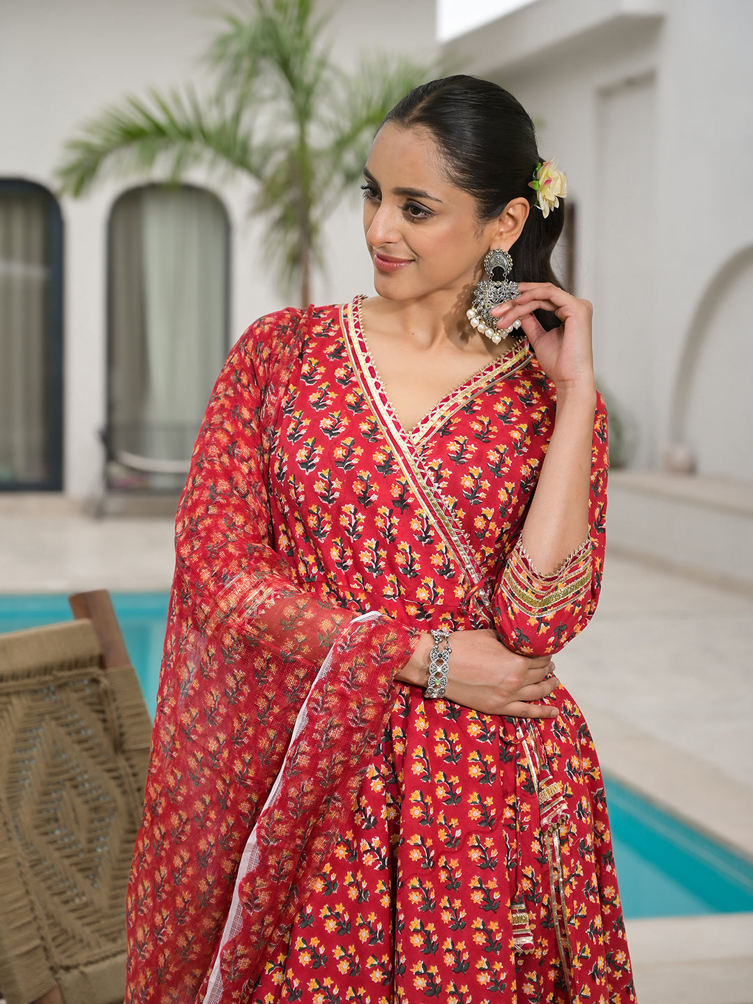 Red Floral Printed Cotton Anarkali Kurta Sets