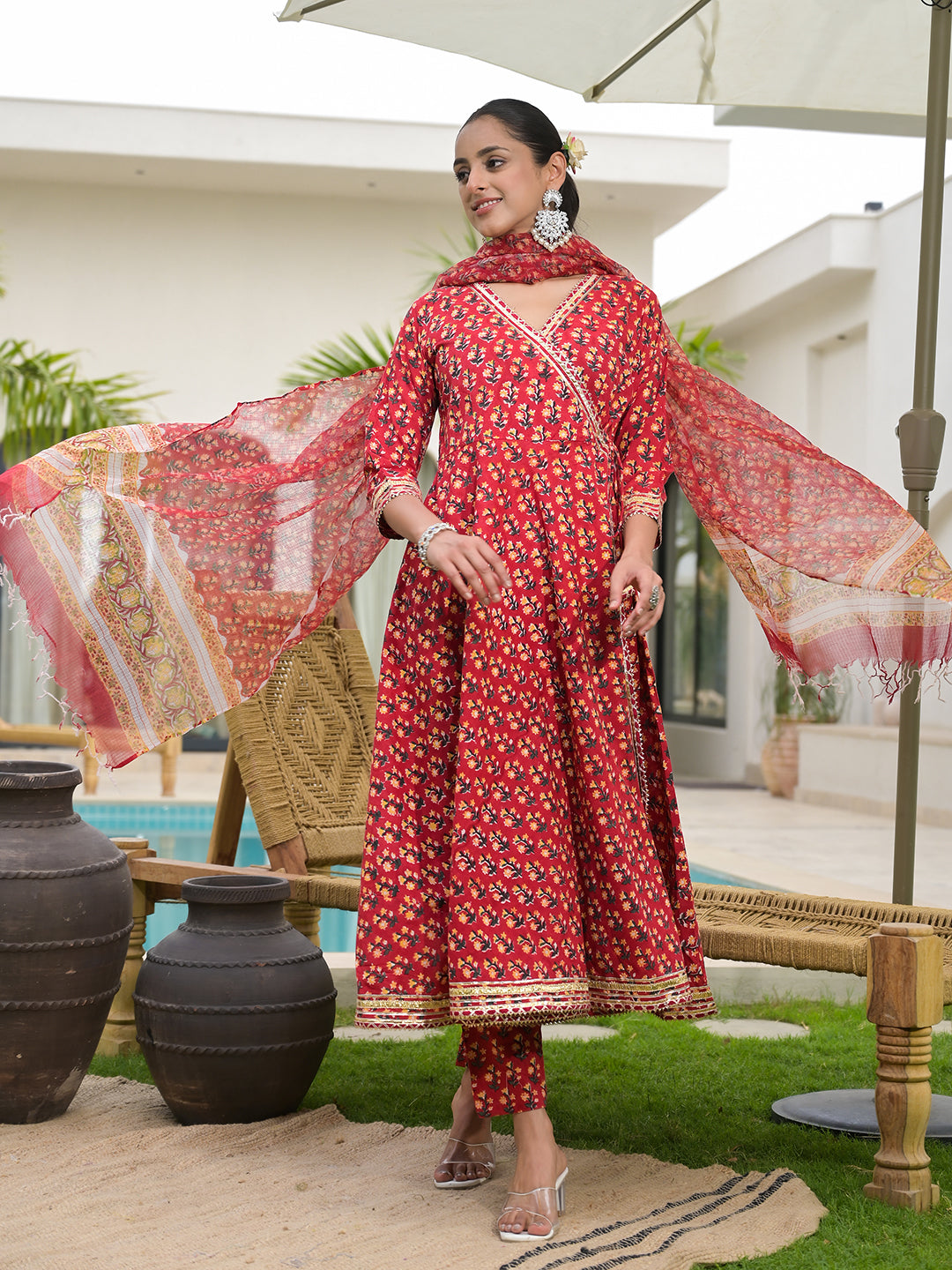 Red Floral Printed Cotton Anarkali Kurta Sets