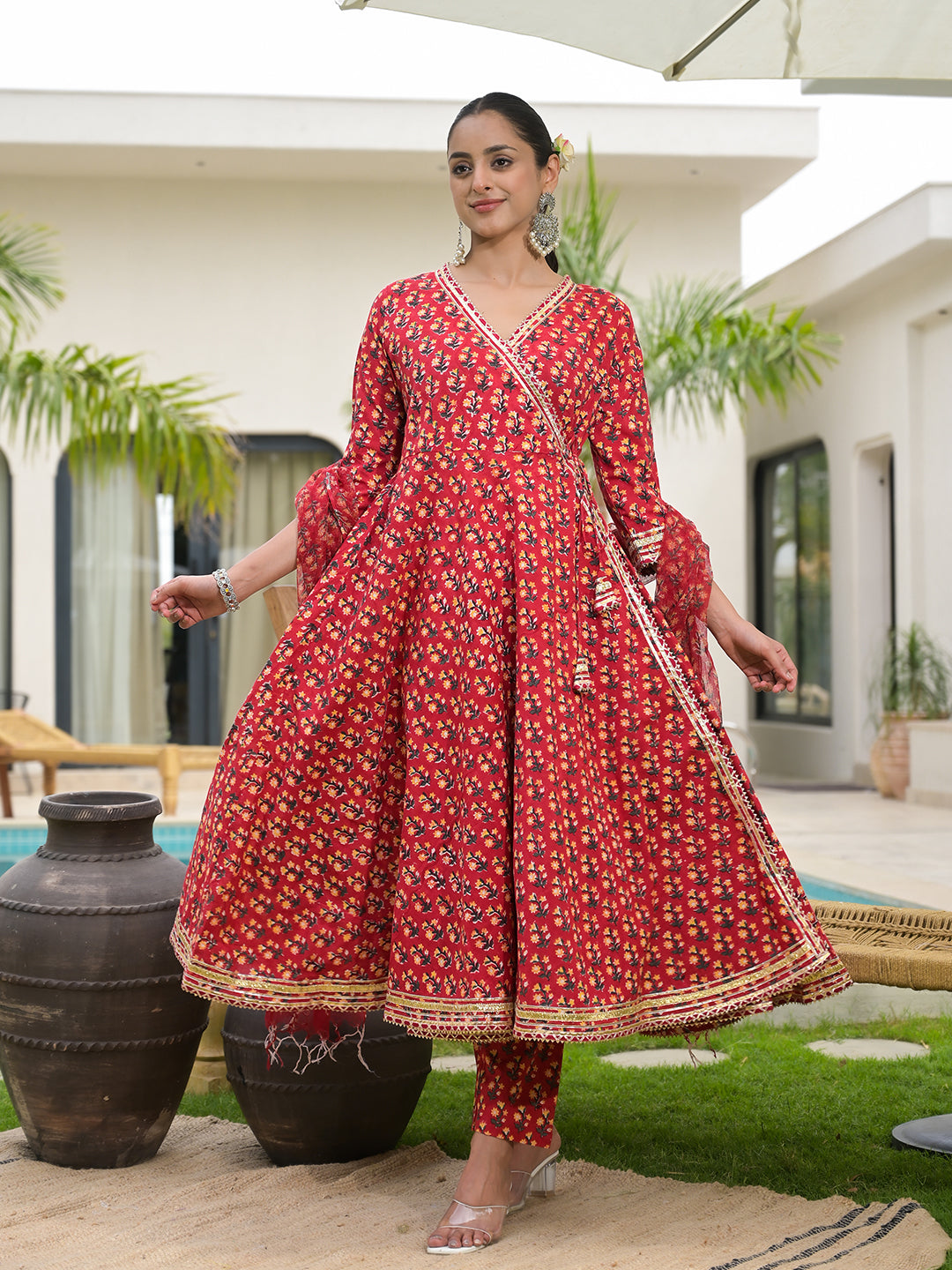 Red Floral Printed Cotton Anarkali Kurta Sets
