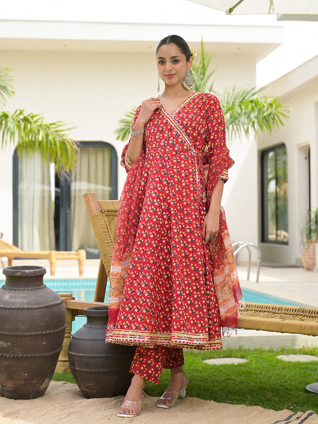 Red Floral Printed Cotton Anarkali Kurta Sets