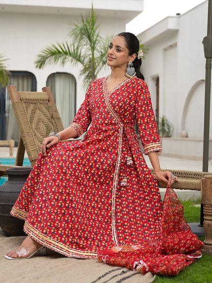 Red Floral Printed Cotton Anarkali Kurta Sets