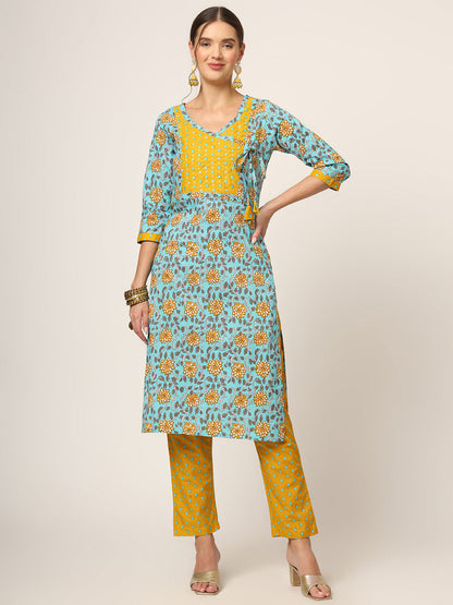 Blue Floral Print Cotton Straight fit Kurta Set