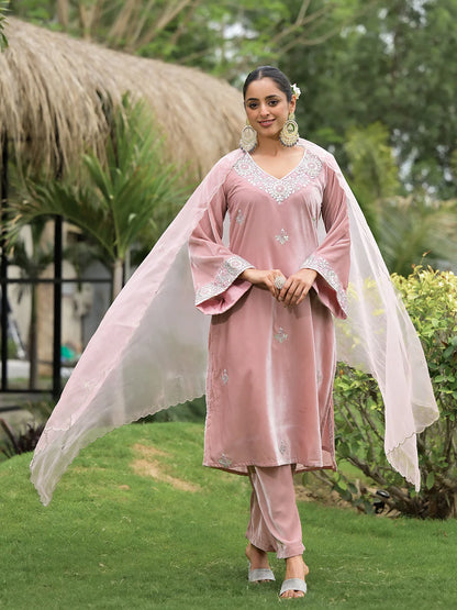 Pink Velvet Ethnic Embroidered Straight Kurta Sets