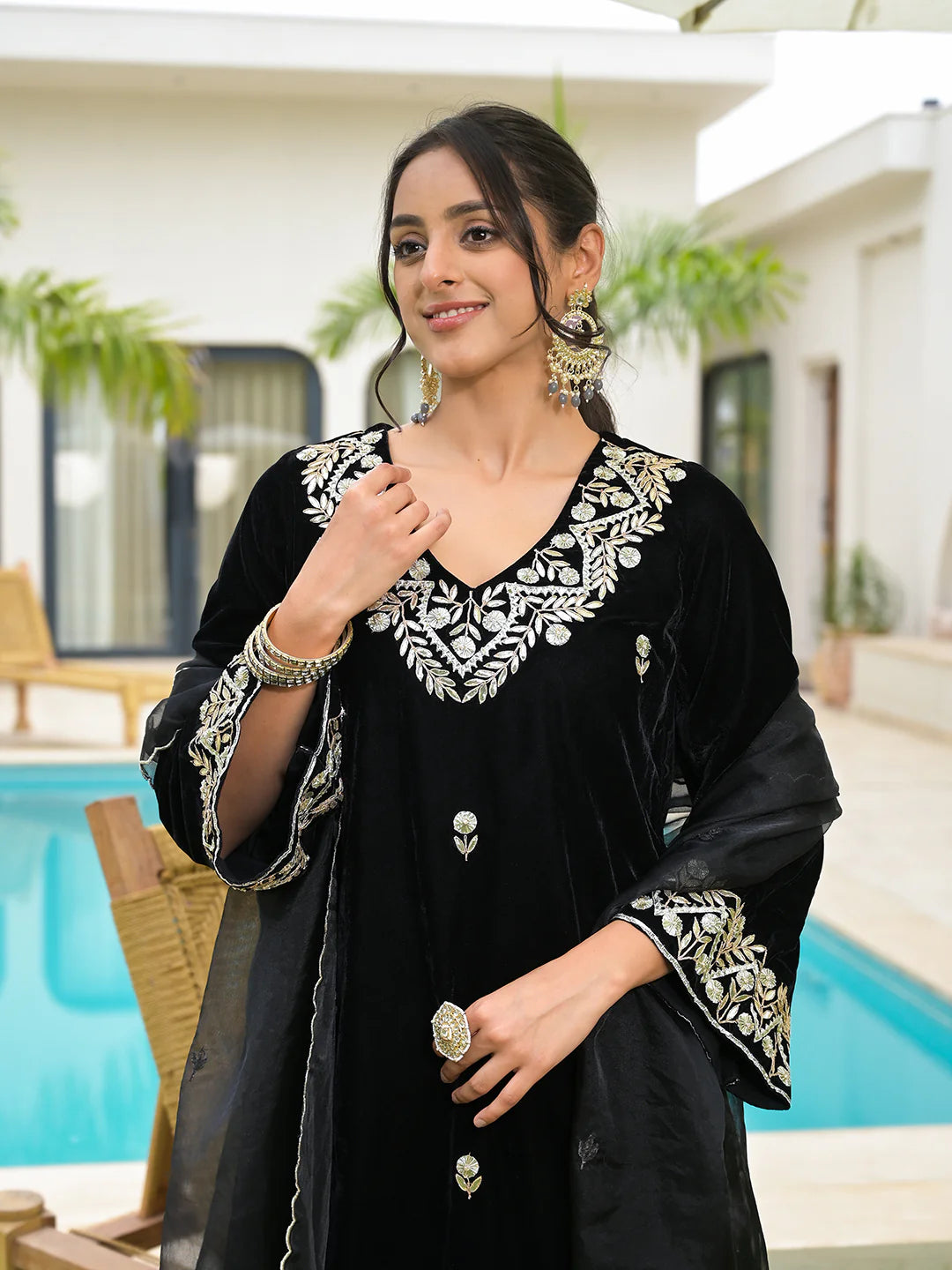 Balck Velvet Embroidered Straight Ethnic Kurta Sets