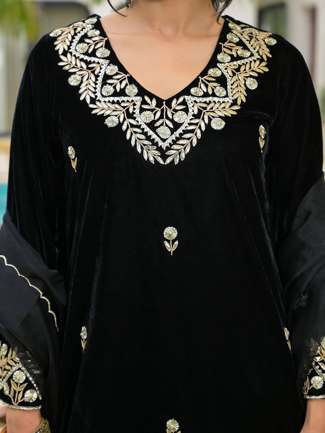 Balck Velvet Embroidered Straight Ethnic Kurta Sets